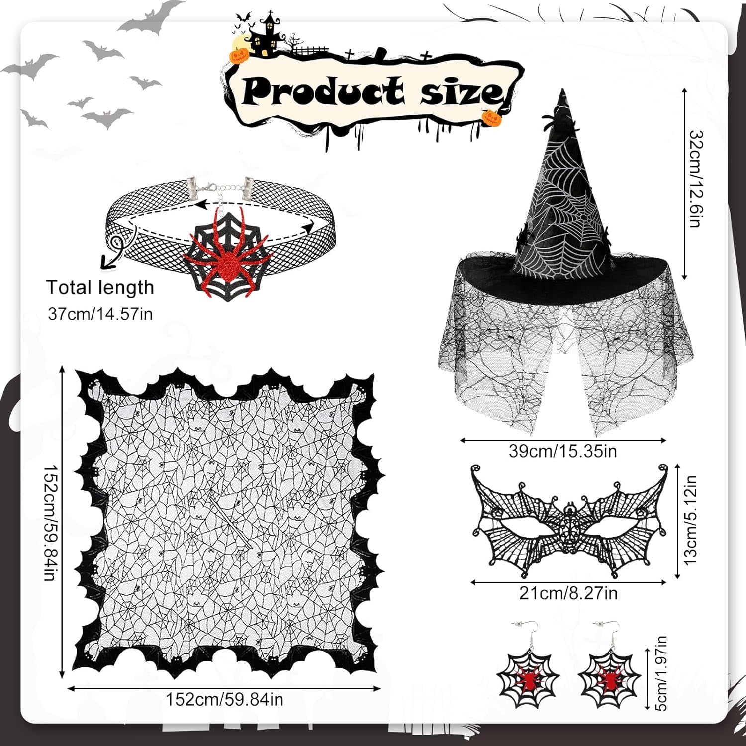 HIFOT 6pcs/set Spider Costume Adult Spider Web Poncho Tights Spider Necklace Chocker Earings Mask and Witch Hat Halloween Costumes for Women