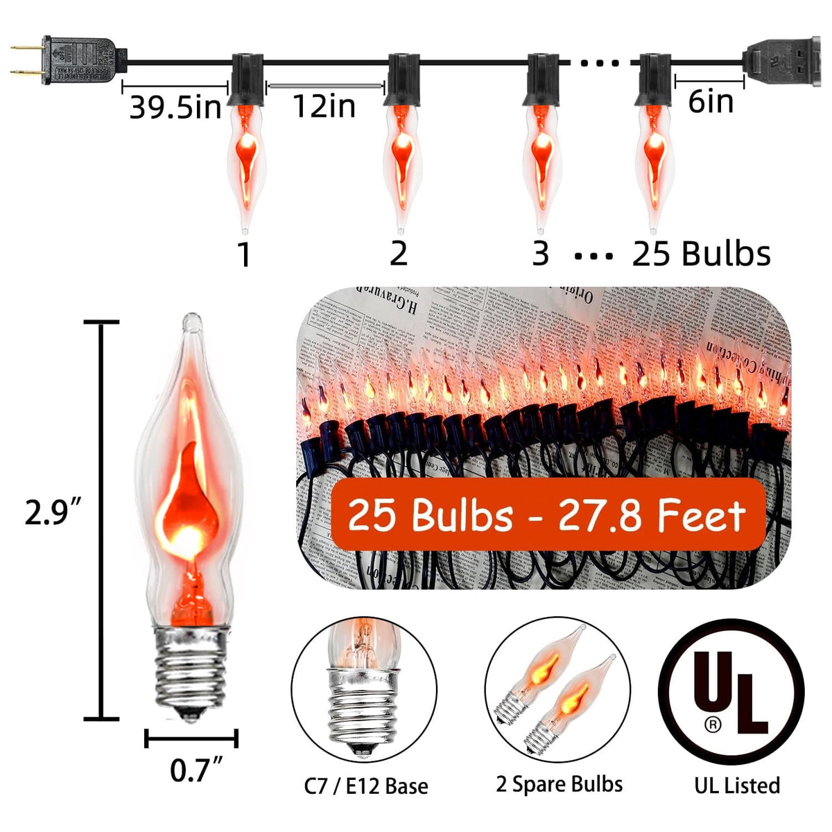 12.8Ft Christmas Lights Flickering Flame String Lights with 12 Pack Clear C7 Flame Light Bulbs（2 Spare）, Great for Indoor Outdoor Home Patio Party Christmas Decorations Lights, 1W, E12 Base