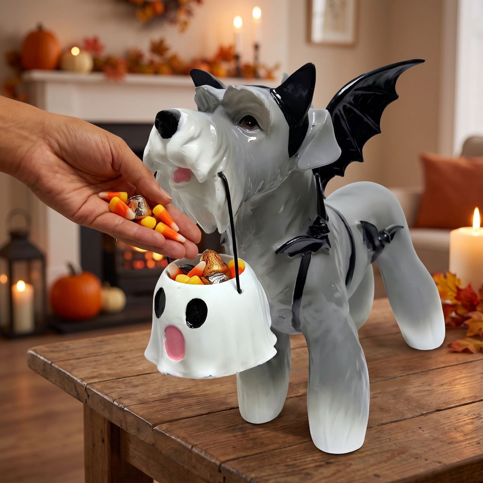 Clearance Halloween Schnauzer Bat Figurine with Ghost Bucket, 8 inch Resin Cute Dog Gifts Tabletop Decor