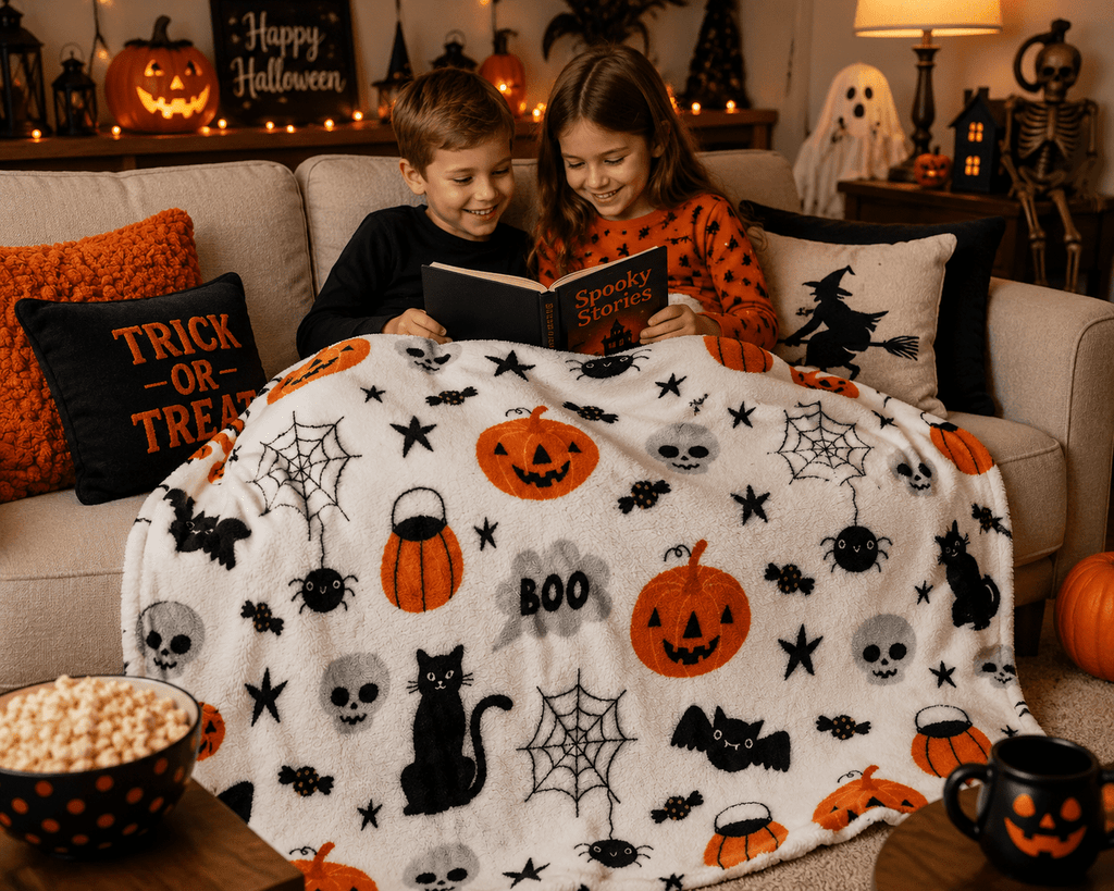 Serafina Home Halloween Throw Blanket: Fuzzy Boo! Jack O'Lantern Spider Webs Skull and Black Cats Print on Velvet Fleece for Sofa Bed Couch Chair Dorm
