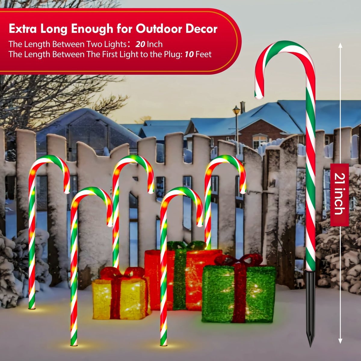 Christmas Candy Cane Lights 21” 10 Pack 8 Lighting Modes Flickering Candy Cane Pathway Marker Outdoor Indoor Waterproof UL Listed Christmas Lighting Decoration Light