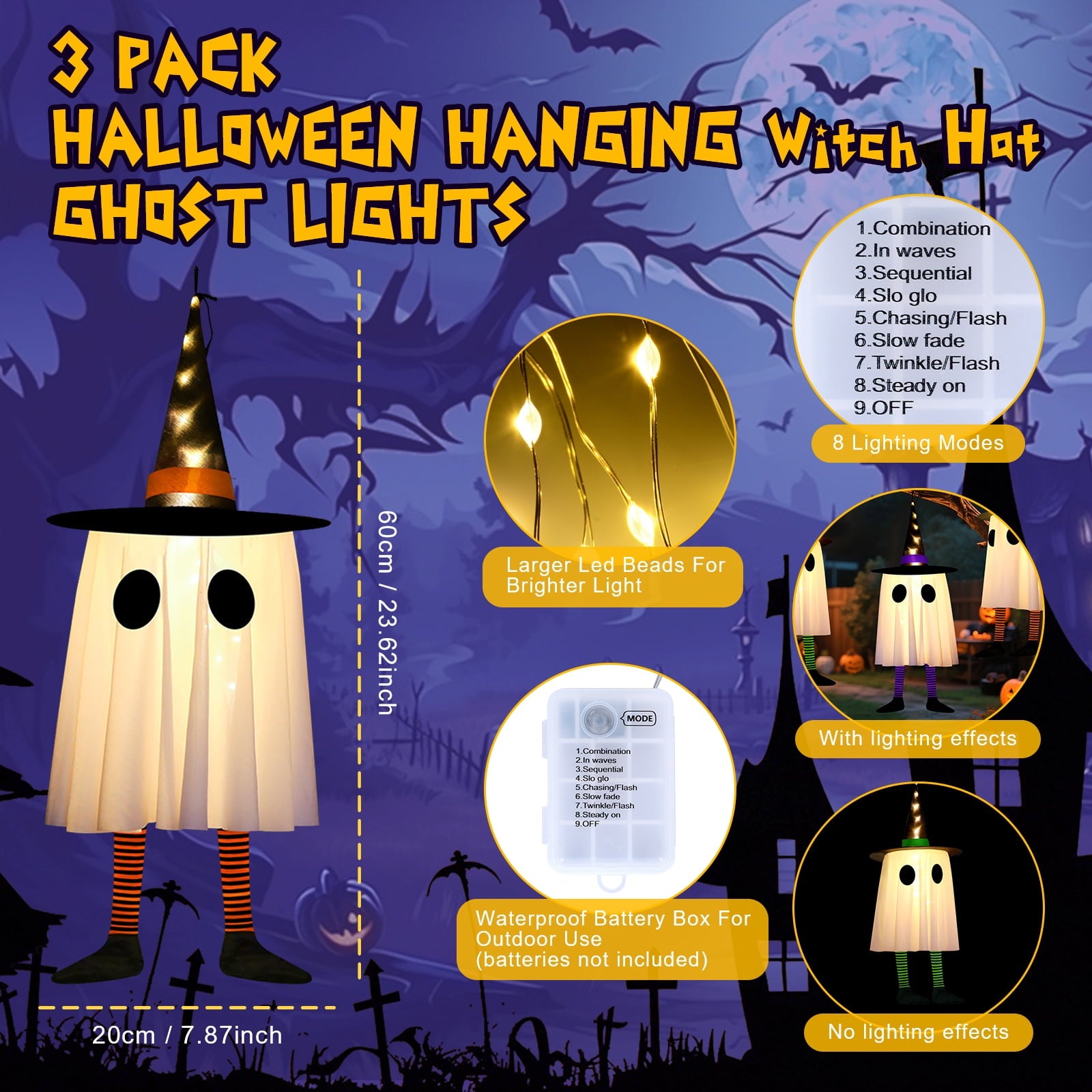 Qoosea 3 Pack Halloween LED Lights Witch Hat Ghost Hangers, Purple/Green/Orange, 3 Lighting Modes, Waterproof Battery Case, Halloween Decorations
