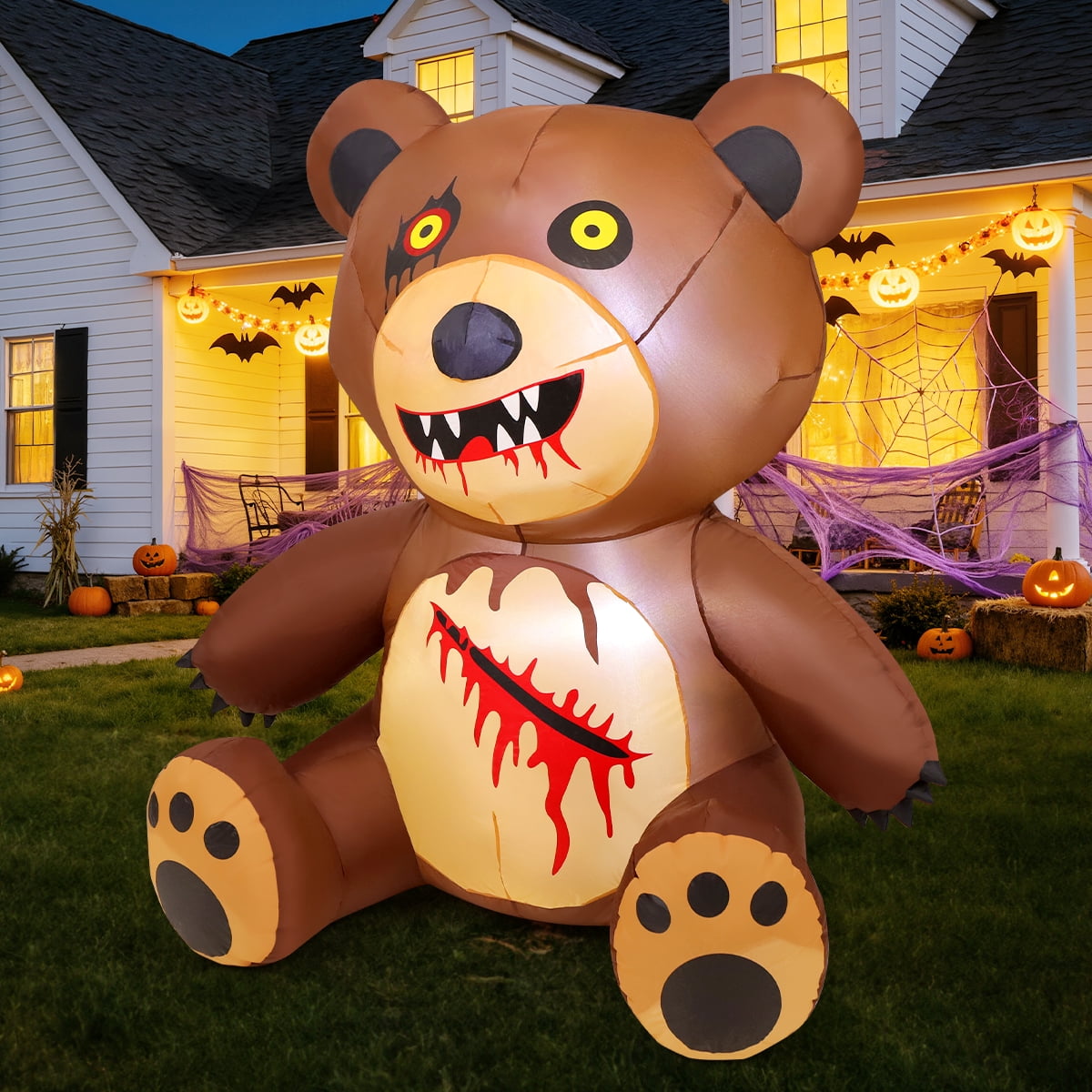 GOOSH Halloween Inflatables 5 FT Teddy Bear Inflatable with Build-in LEDs, Spooky Inflatable Halloween Bear Blow up Teddy Bear, Halloween Blow Up Decorations Clearance for Holiday Garden Lawn