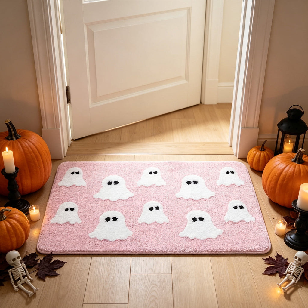 Halloween Doormat Ghost Bath Mat 23.6x15.7in Secure-Grip Absorbent Soft Faux Fur Rug for Bathroom Bedroom Living Room Decor by OVFUIZ