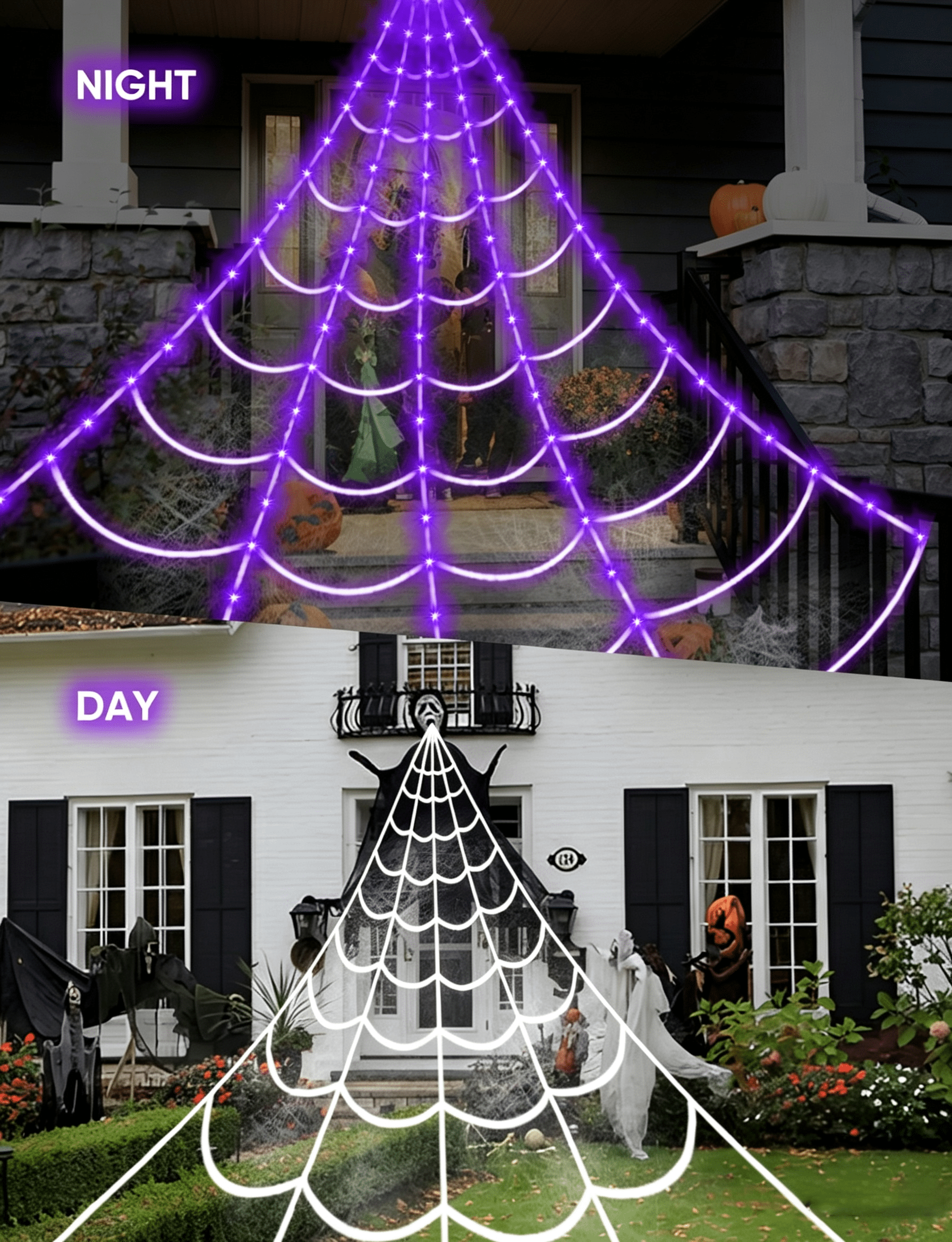 16.4Ft Large Spider Webs Halloween Decorations Lights, Outdoor Battery Operated Purple Halloween String Lights with 8 Modes Remote Control 125 LEDs Spiderweb,60" Large Spider,Waterproof (Purple)