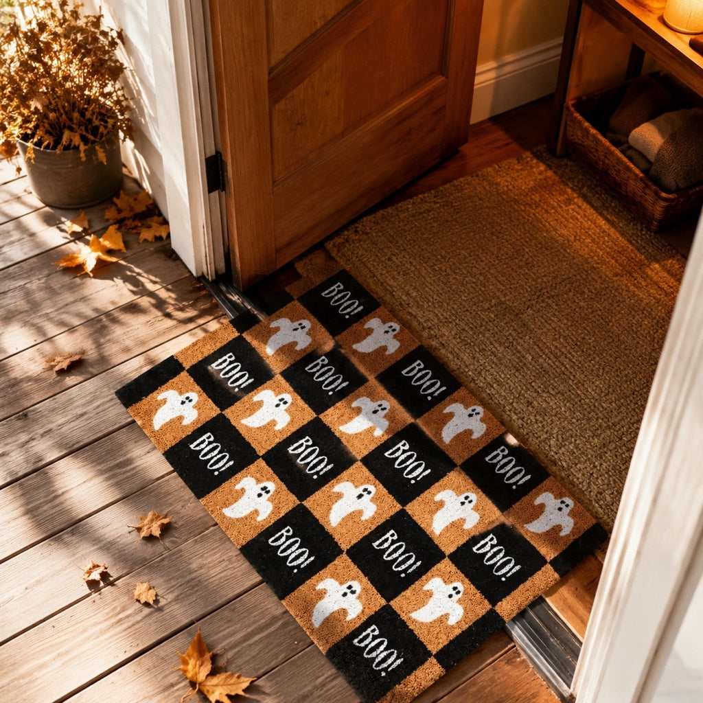 Tepsmf Halloween Ghost Doormat 19.7x31.4IN Black And Orange Checkered Soft Halloween Bathroom Rug Non Slip Cute Spooky Ghost Bathroom Decoration For Front Doors Porches And Holiday Decorations