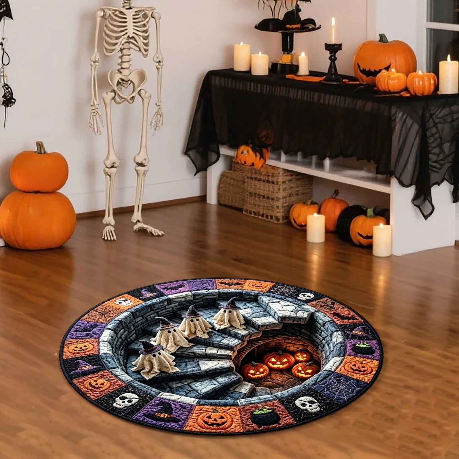 Halloween Round Rug Optical Ghost Pumpkin Mat 15.75in Diameter Polyester Skidproof & Soft for Entryway Bedroom Party by MPOISVA