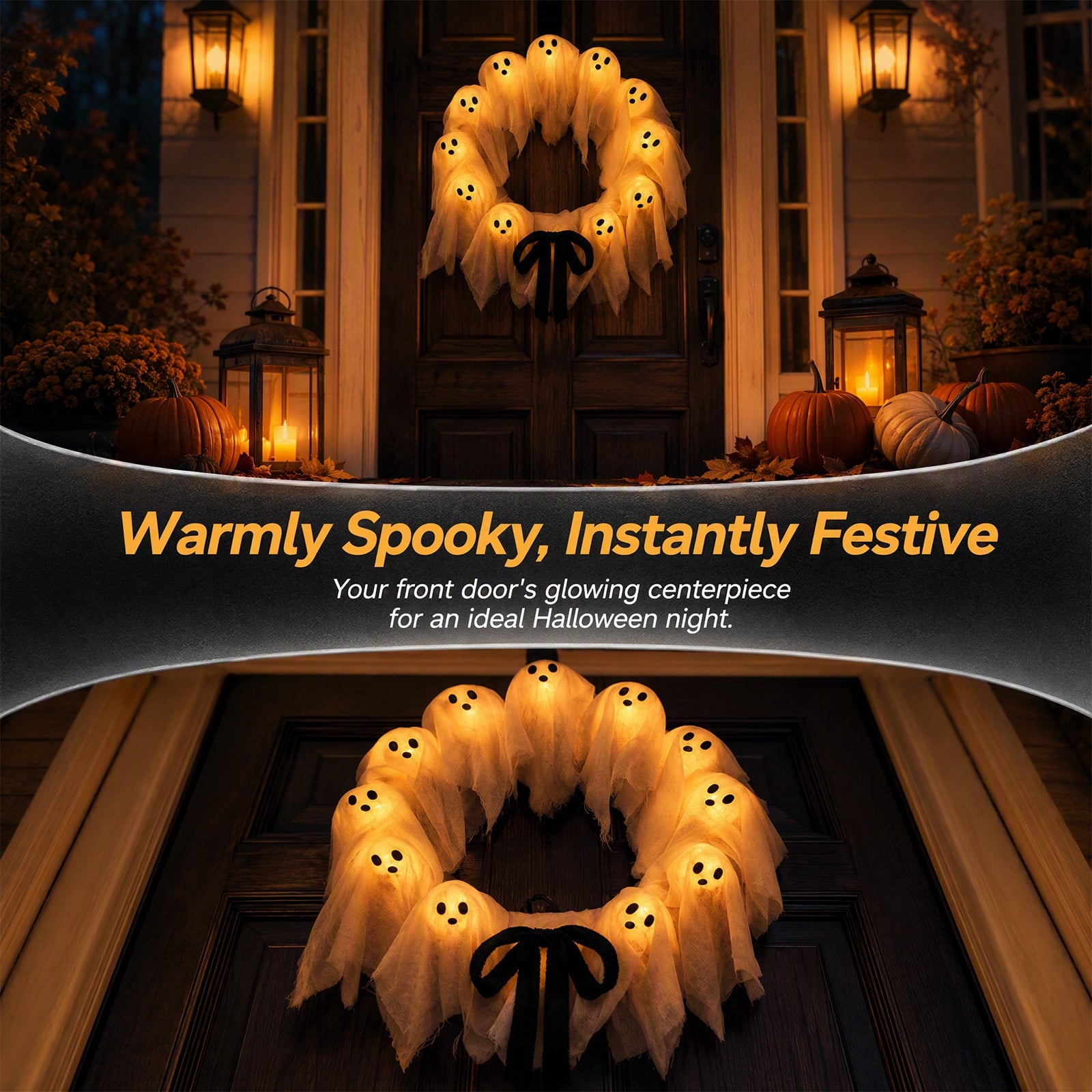 Halloween Glowing Ghost Wreath, Light-up Spooky Wreath with 12 Ghost Decor, RC, 6H Timer, Ideal for Halloween Party (A 12x3inch)
