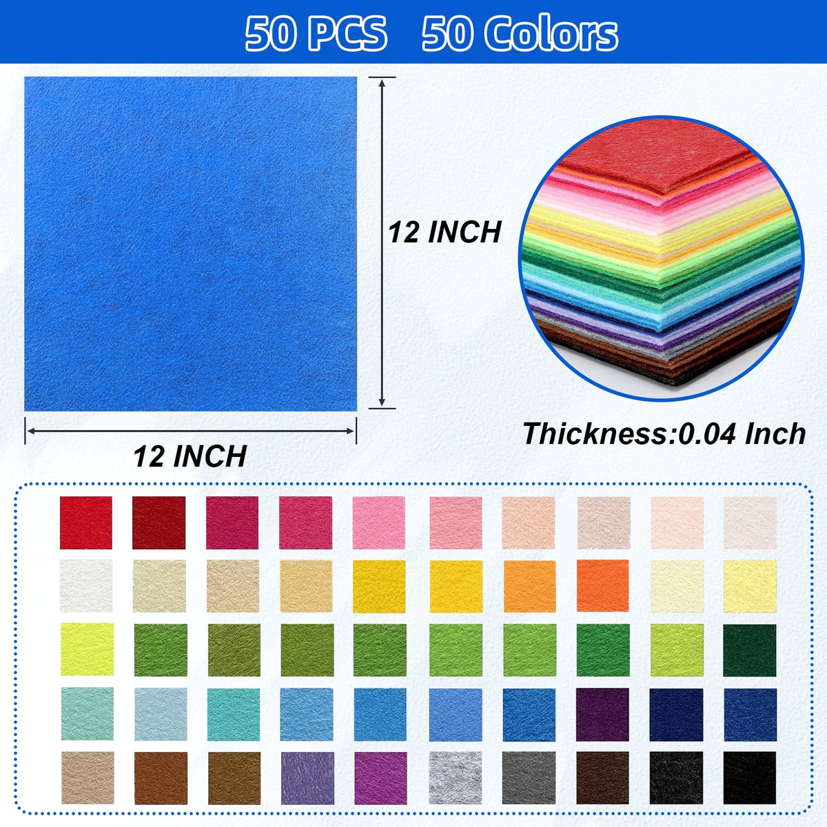AGCAN 40PCS Felt Sheets for Crafts, 12"x 12" Assorted Color Stiff Felt Sheets, 1mm Thick Square Nonwoven Felt Fabric for Sewing, Patchwork, Embroidering, Crafts DIY