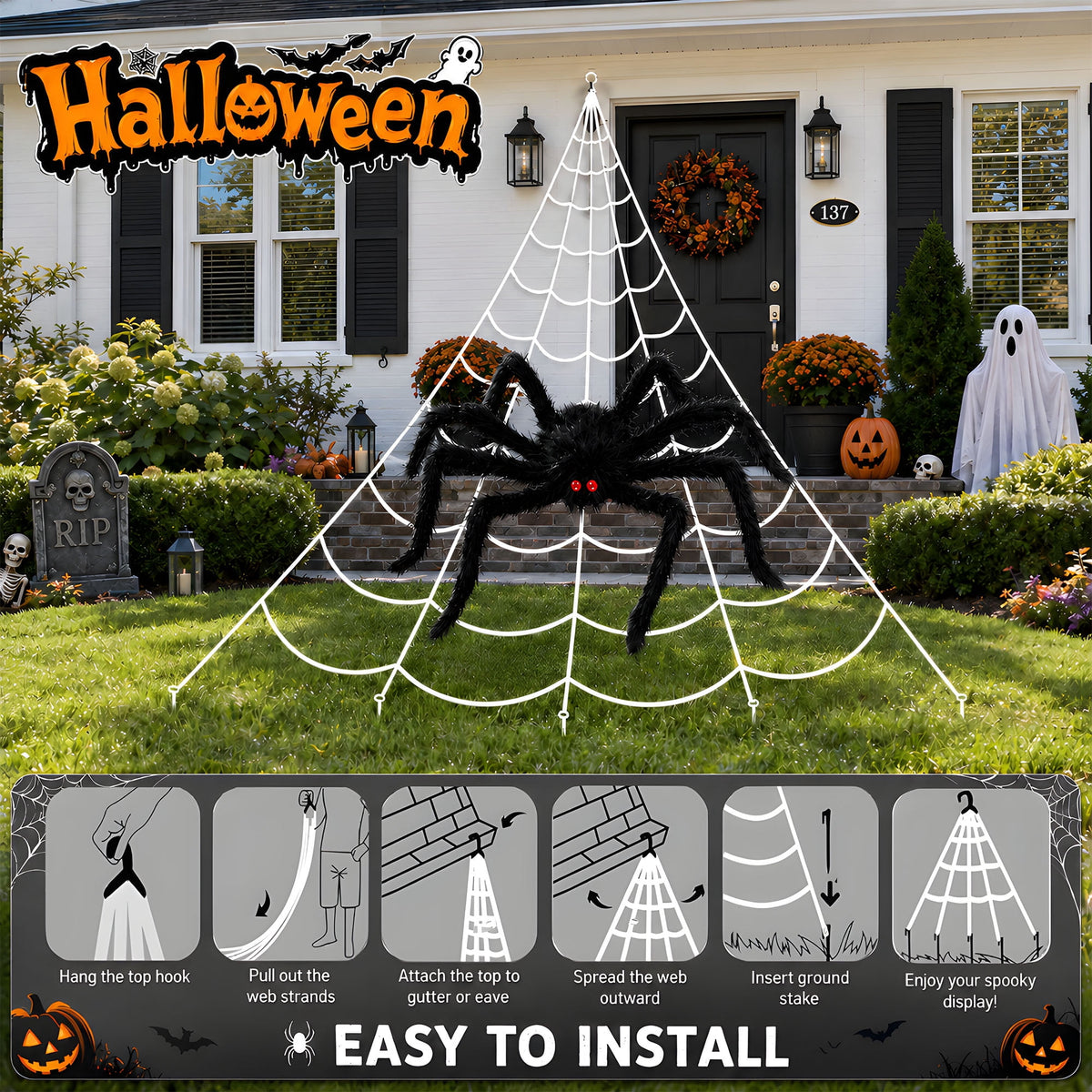 DAYBETTER Halloween Spider Web Lights, 5FT Giant Spider, 250 LED Holiday Lights, Remote Control Waterproof for Indoor Outdoor Yard Party Halloween Decorations (Purple & Orange)