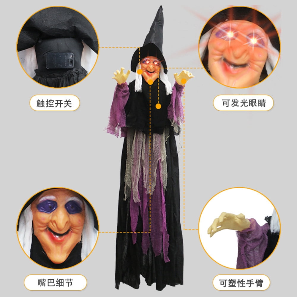 DAMAI 5.9 FT Hanging Witch Halloween Decorations Outdoor,Hanging Witch Halloween Decor,Giant Animated Standing Talking Witch with Red Eyes,Flying Witch Standing Decor for Haunted House Props