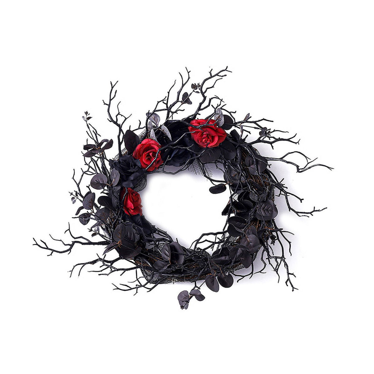 Black Halloween Door-Wreath with Red Rose Wreath for Front Door Black Wreath for Gothic Halloween Home Decor