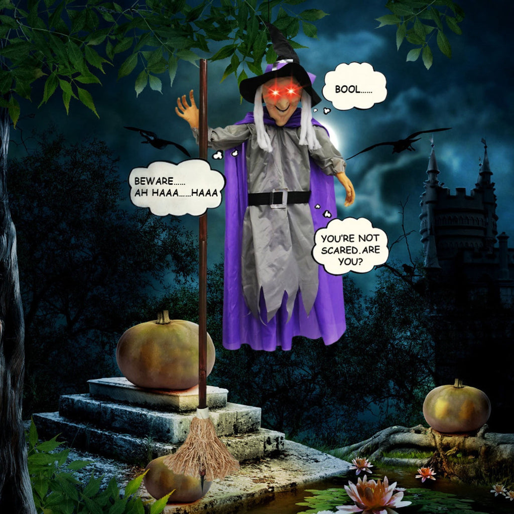 Halloween Flying Witch on Broom Decorations, 6 FT Animated Hovering Witch Animatronics Holding Sweeper Props with Scary Lights, House Decor for Outside Indoor Garden Yard Lawn