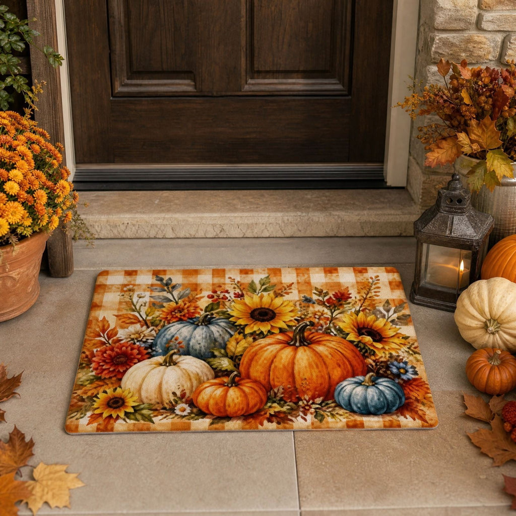 syligr Halloween Thanksgiving Doormat with Maple Leaf & Pumpkin Patterns - Non-Slip Floor Mat for Entryway, Kitchen, Porch, Fall Harvest Decor Rug with Anti-Fatigue Backing, Gift for Thanksgiving