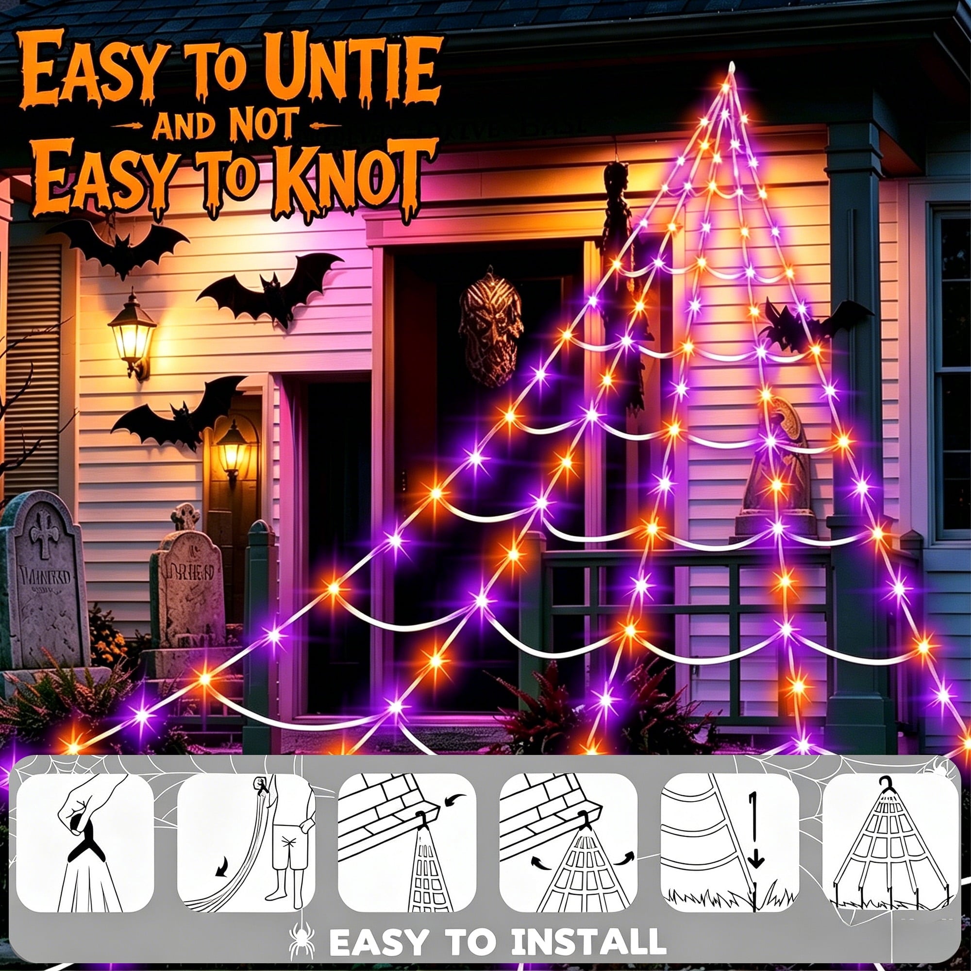 DAYBETTER Halloween Spider Web Lights, 5FT Giant Spider, 250 LED Holiday Lights, Remote Control Waterproof for Indoor Outdoor Yard Party Halloween Decorations (Purple & Orange)