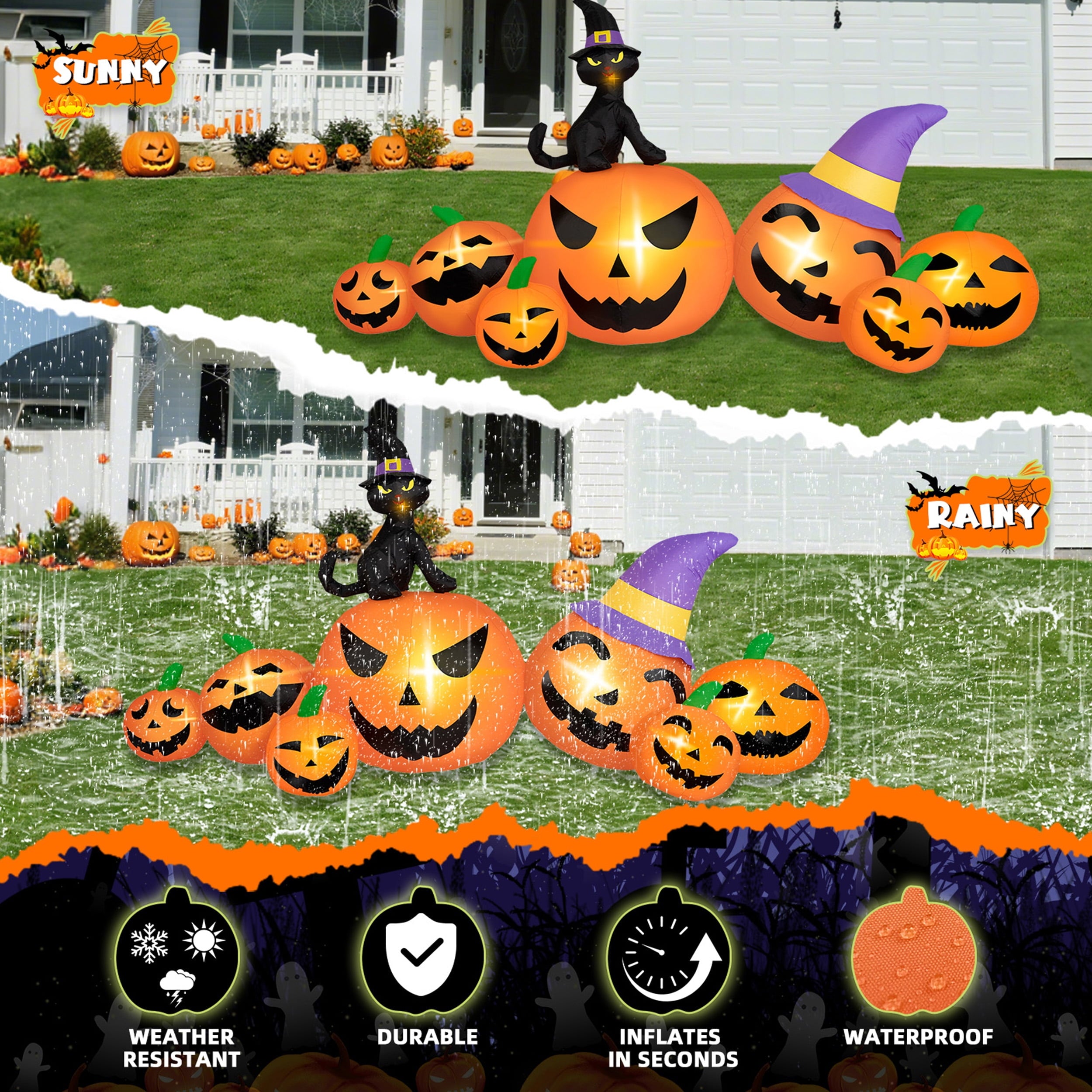 B&D 8FT Long Halloween Inflatables Pumpkin, Blow Up Pumpkins Inflatables with Witch Hat & Black Cat Built-in LED Lights for Halloween Party Yard Garden Lawn Decor