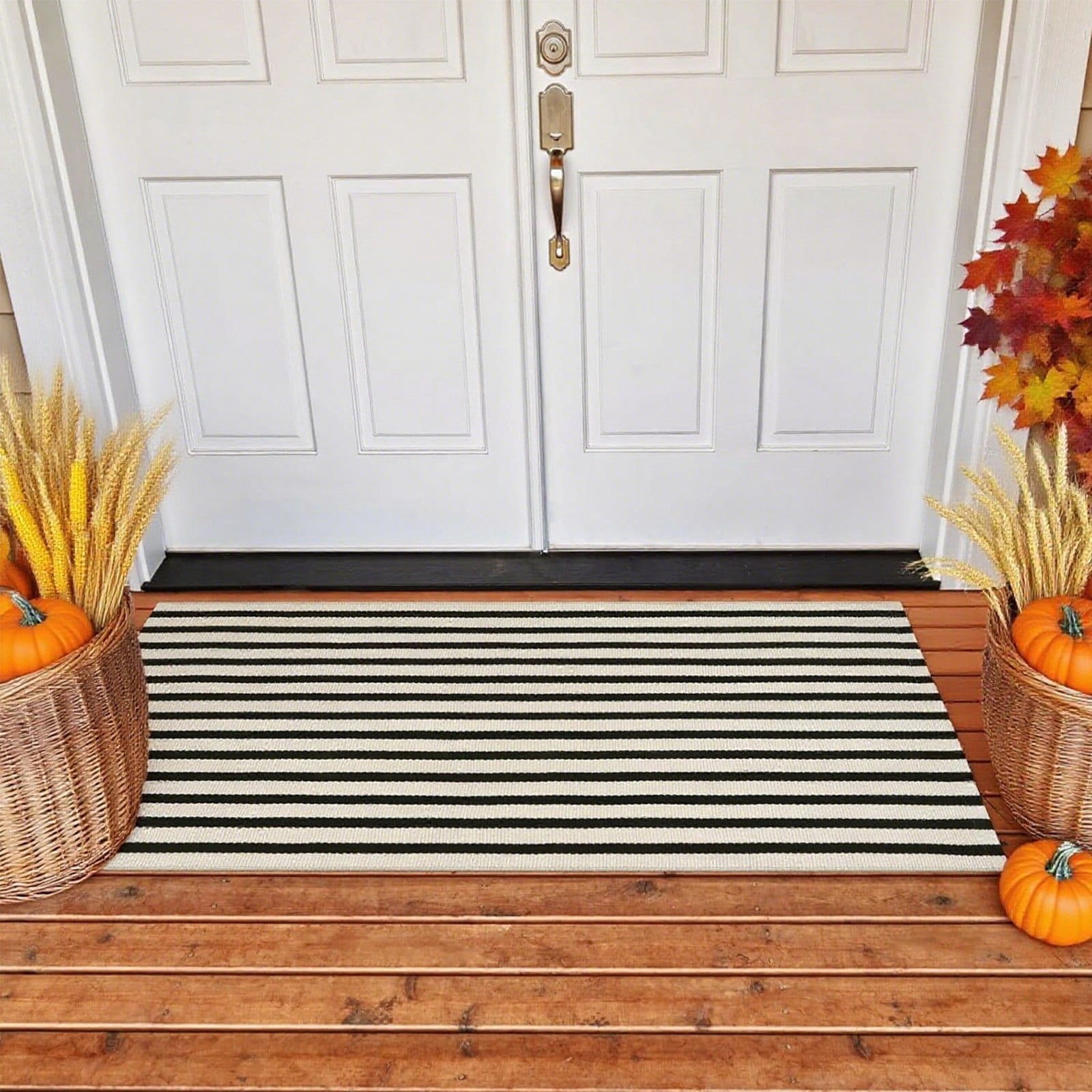 Fall Front Door Mat 15"x24", Black and Khaki Striped Layered Door Mat Outdoor, Washable Farmhouse Front Porch Rug Halloween Thanksgiving Decorations, Cotton Hand Woven Entryway Rug