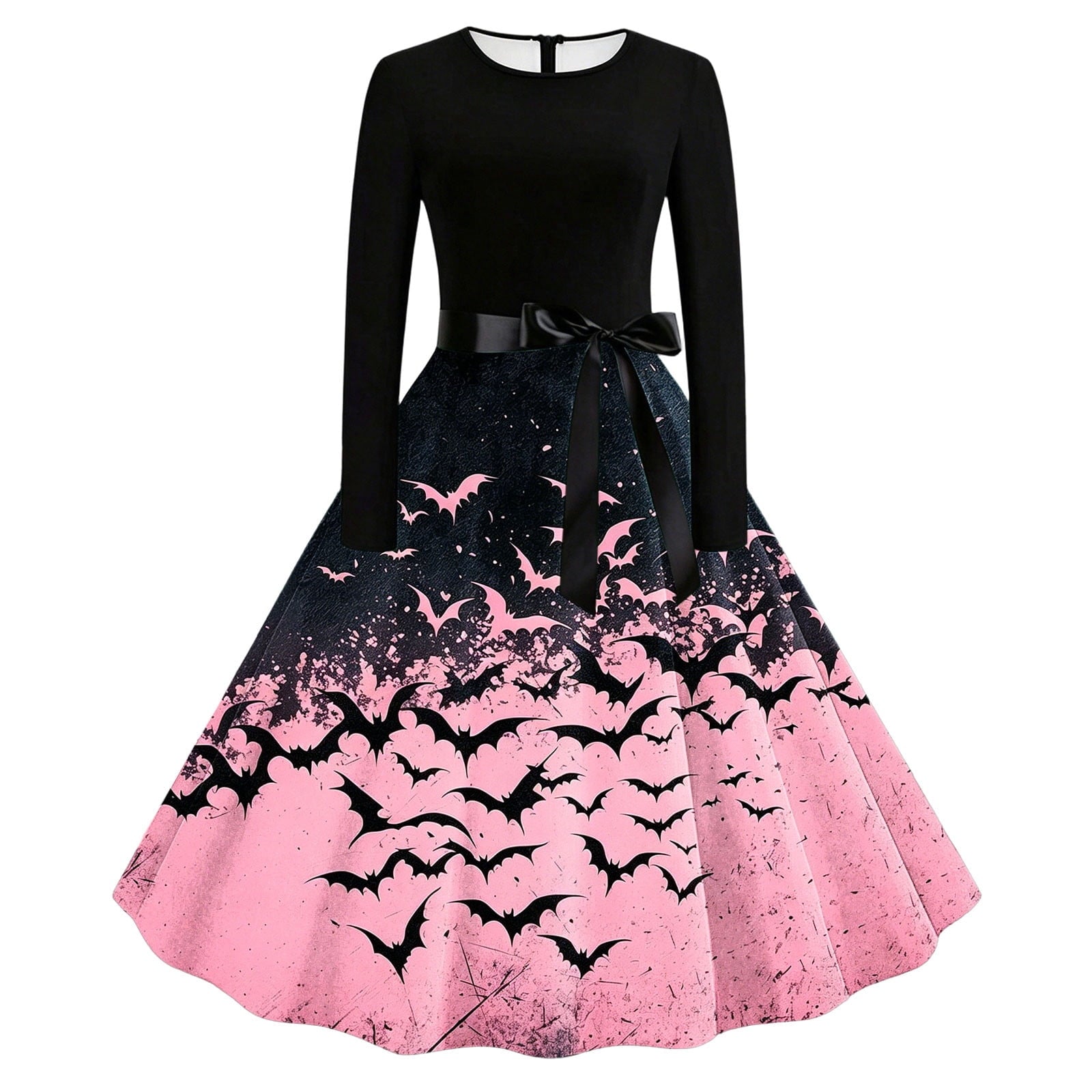Women's Vintage Halloween Bat Print Swing Dress Long Sleeve 1950s Retro A-Line Midi Dresses with Satin Sash Belt for Gothic Cosplay Evening Prom Party