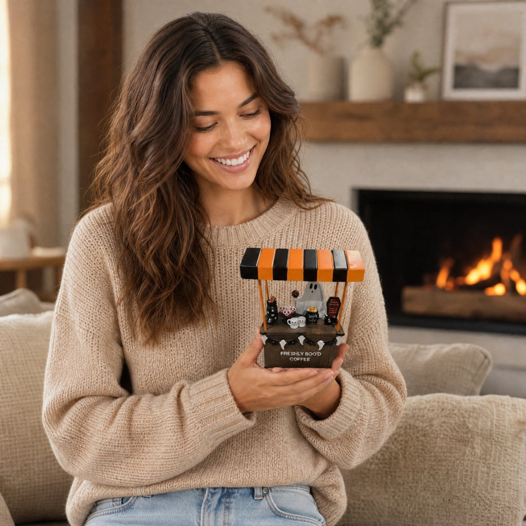 Halloween Ghost Coffee Stand Figurine, 2026 Spooky Decorative Ghost Statue for Shelf Desk Tabletop, Resin Halloween Ornament for Party, Farmhouse Seasonal Decor