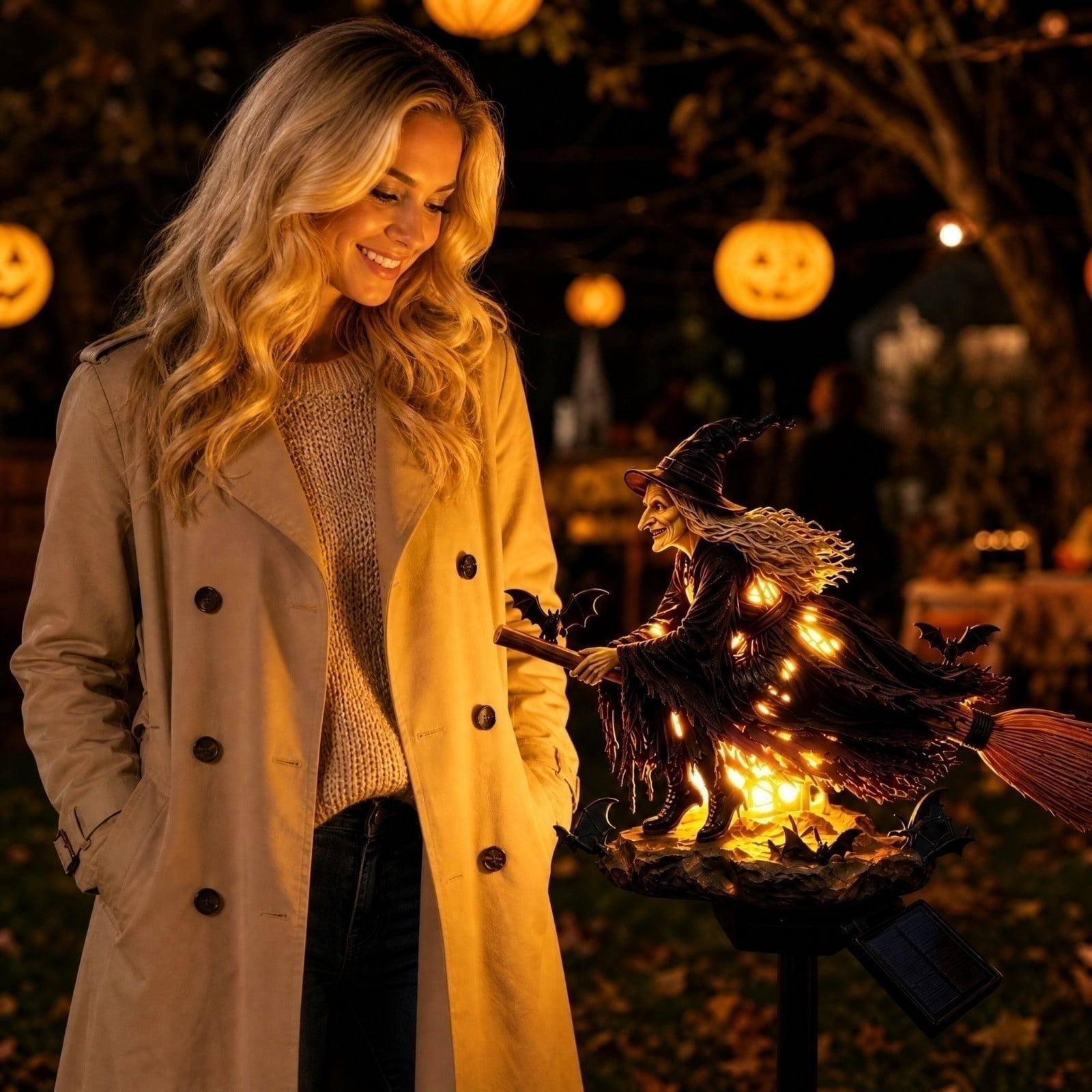 Halloween Witch Cauldron Garden Light, Solar Powered Halloween Projector Outdoor Decoration with Flying Witch and Lighted Cauldron, Witch Light Stake for Lawn Garden Porch Yard Decor, Style D
