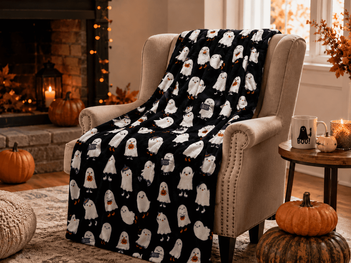 Serafina Home Halloween Throw Blanket: Fuzzy Boo! Jack O'Lantern Spider Webs Skull and Black Cats Print on Velvet Fleece for Sofa Bed Couch Chair Dorm
