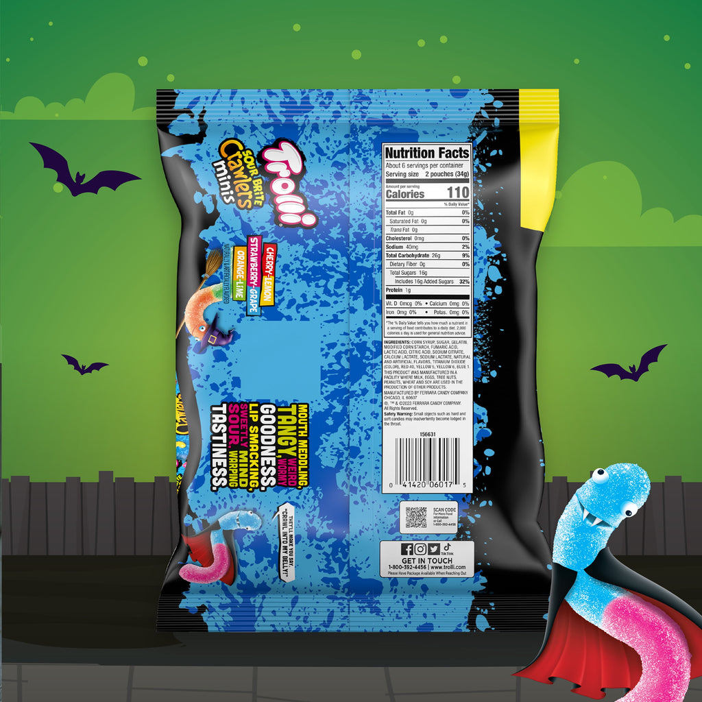 Trolli Sour Brite Crawlers, Halloween Sour Candy Treat Packs, 7.2 oz Bag, 12 Count
