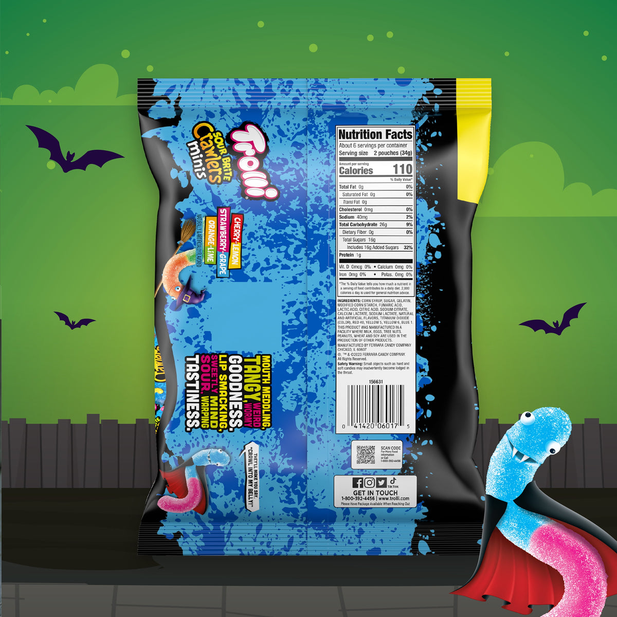 Trolli Sour Brite Crawlers, Halloween Sour Candy Treat Packs, 7.2 oz Bag, 12 Count