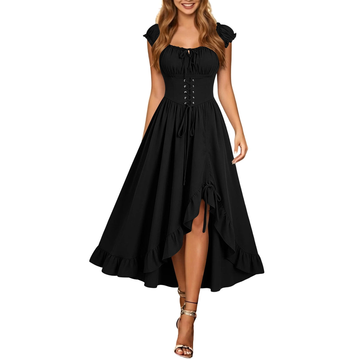 Gothic Dresses for Women Medieval Renaissance Halloween Costume Lace Up Corset High Low Ruffle Hem Square Neck Vintage Gown