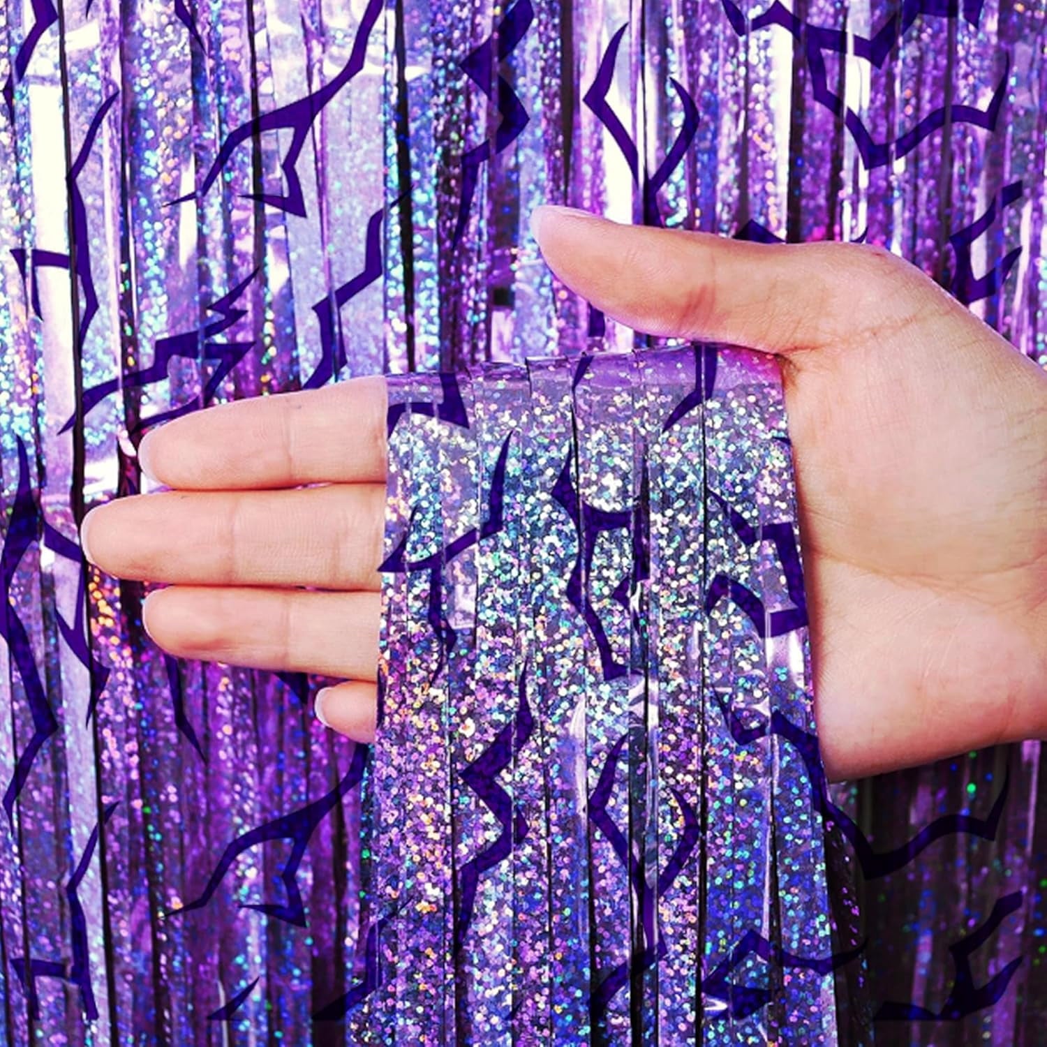 3PCS Foil Fringe Curtains Purple Gradient Holographic Backdrop with Demon Energy Pattern, 6.6ft Streamer Decorations for Birthday Graduation Bachelor Party