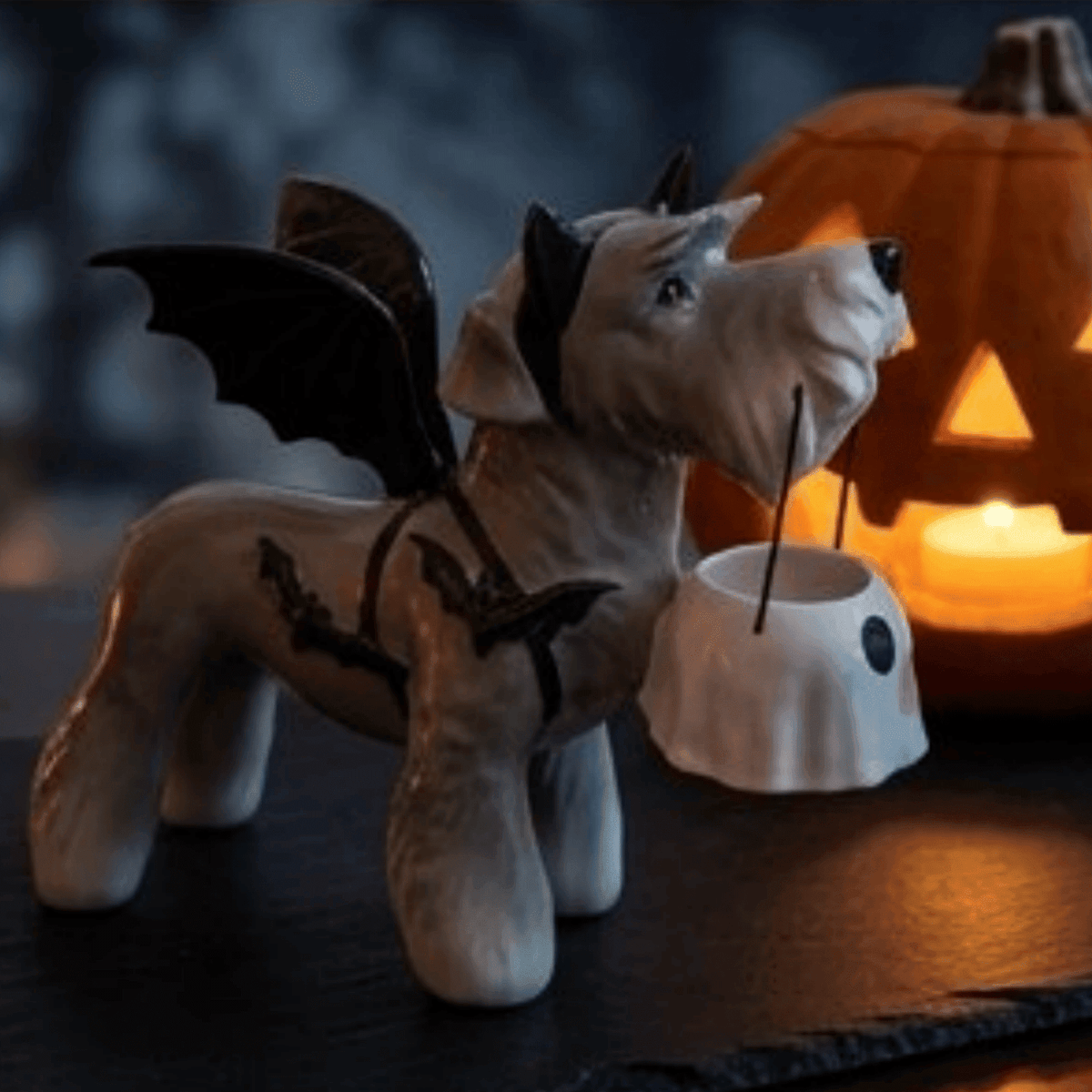 Clearance Halloween Schnauzer Bat Figurine with Ghost Bucket, 8 inch Resin Cute Dog Gifts Tabletop Decor