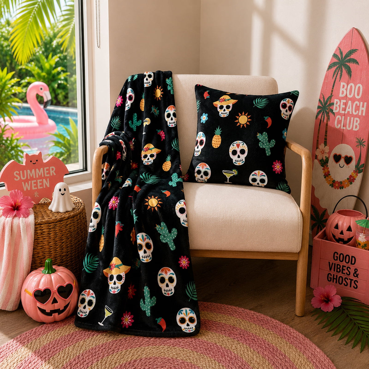 Summerween 18"x18" Plush Decorative Pillow, Vacation Ghosts