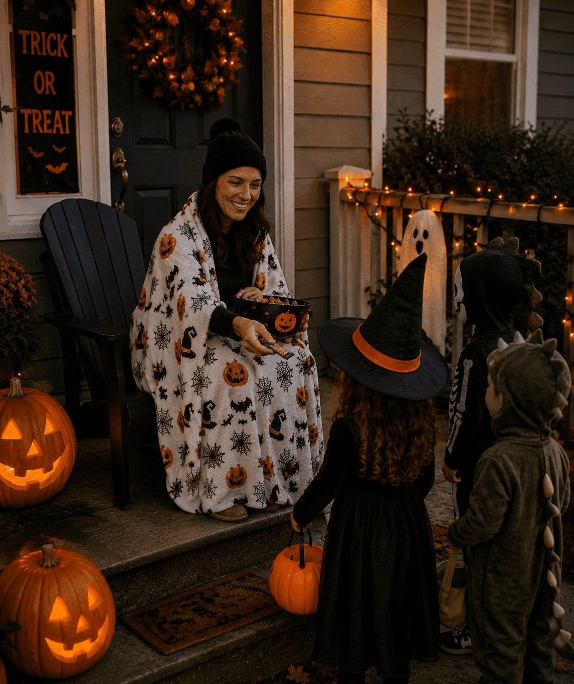 Serafina Home Halloween Throw Blanket: Fuzzy Boo! Jack O'Lantern Spider Webs Skull and Black Cats Print on Velvet Fleece for Sofa Bed Couch Chair Dorm
