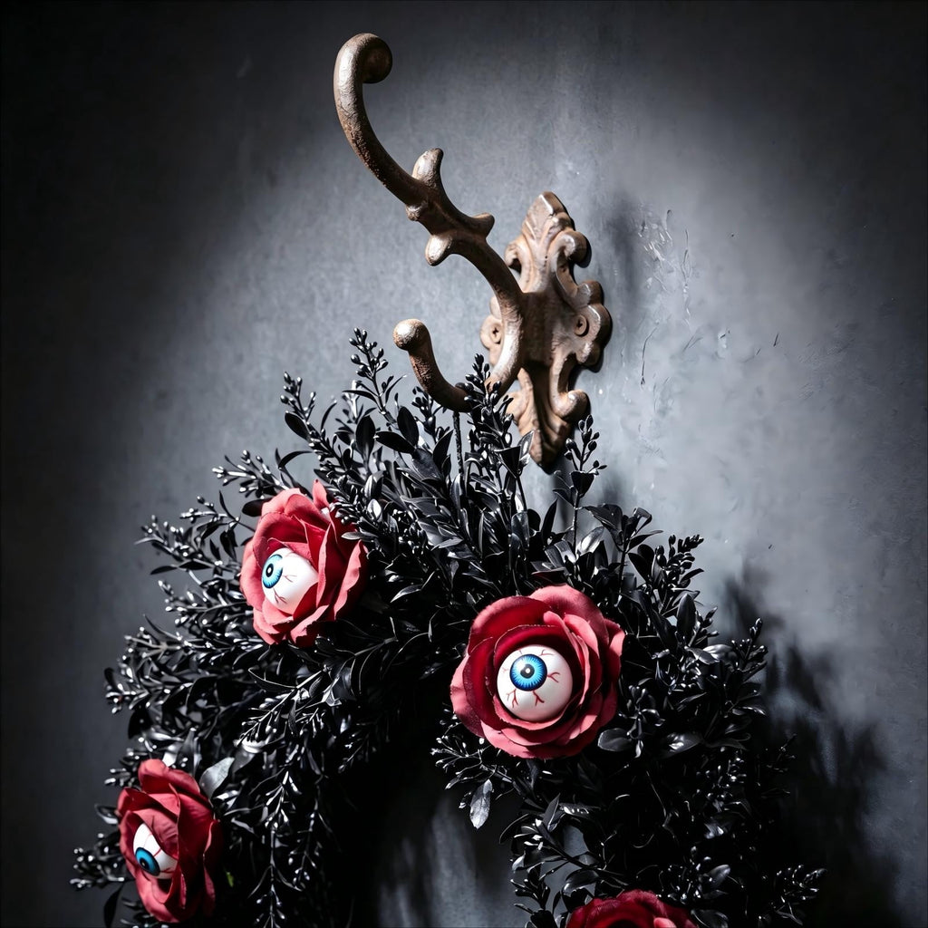 Gcvizuso Halloween Wreath with LED Light String, Purple Rose Black Crow Oval Spooky Twig Wreath for Front Door Window Fireplace Decor