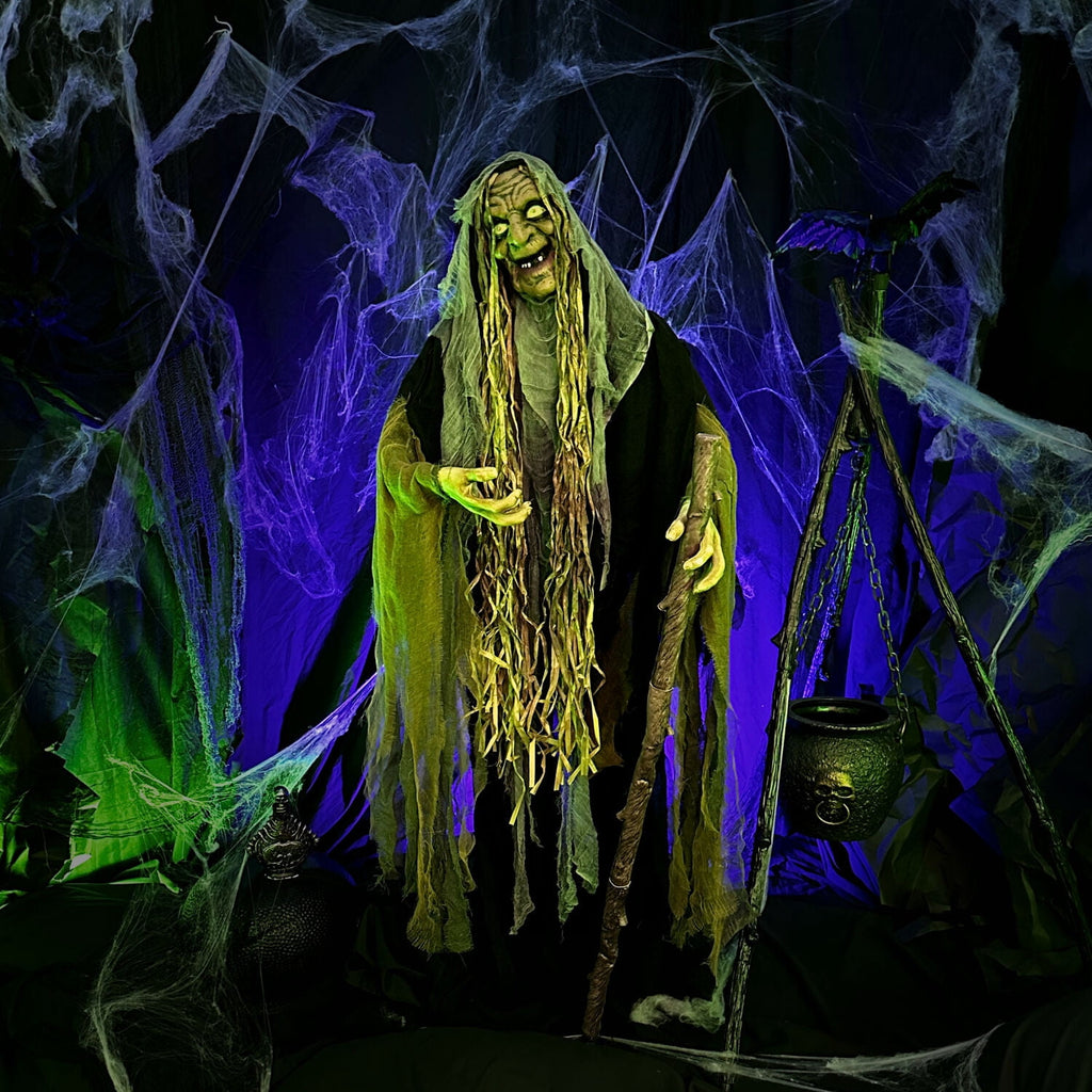 Haunted Hill Farm Life Size 5.6 ft Animatronic Witch, Indoor/Outdoor Halloween Decoration