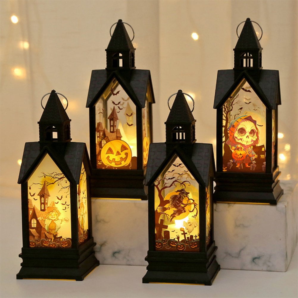4 Pack Halloween Lanterns Portable Orange Candle LED Halloween Lamp Lights, Spooky Skeleton Owl Bat Castle Flame Lights Decorative Hanging Lanterns for Indoor Outdoor Home Party Porch House Bar