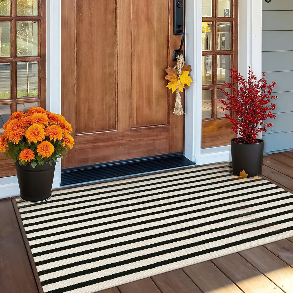 Fall Front Door Mat 15"x24", Black and Khaki Striped Layered Door Mat Outdoor, Washable Farmhouse Front Porch Rug Halloween Thanksgiving Decorations, Cotton Hand Woven Entryway Rug