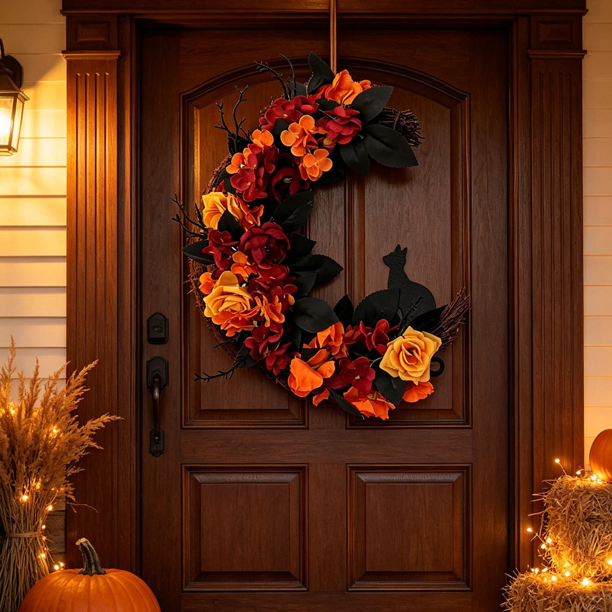 Gcvizuso Halloween Crescent Floral Wreath, Orange Red Rose Hydrangea Fall Front Door Decor for Autumn Harvest Celebration