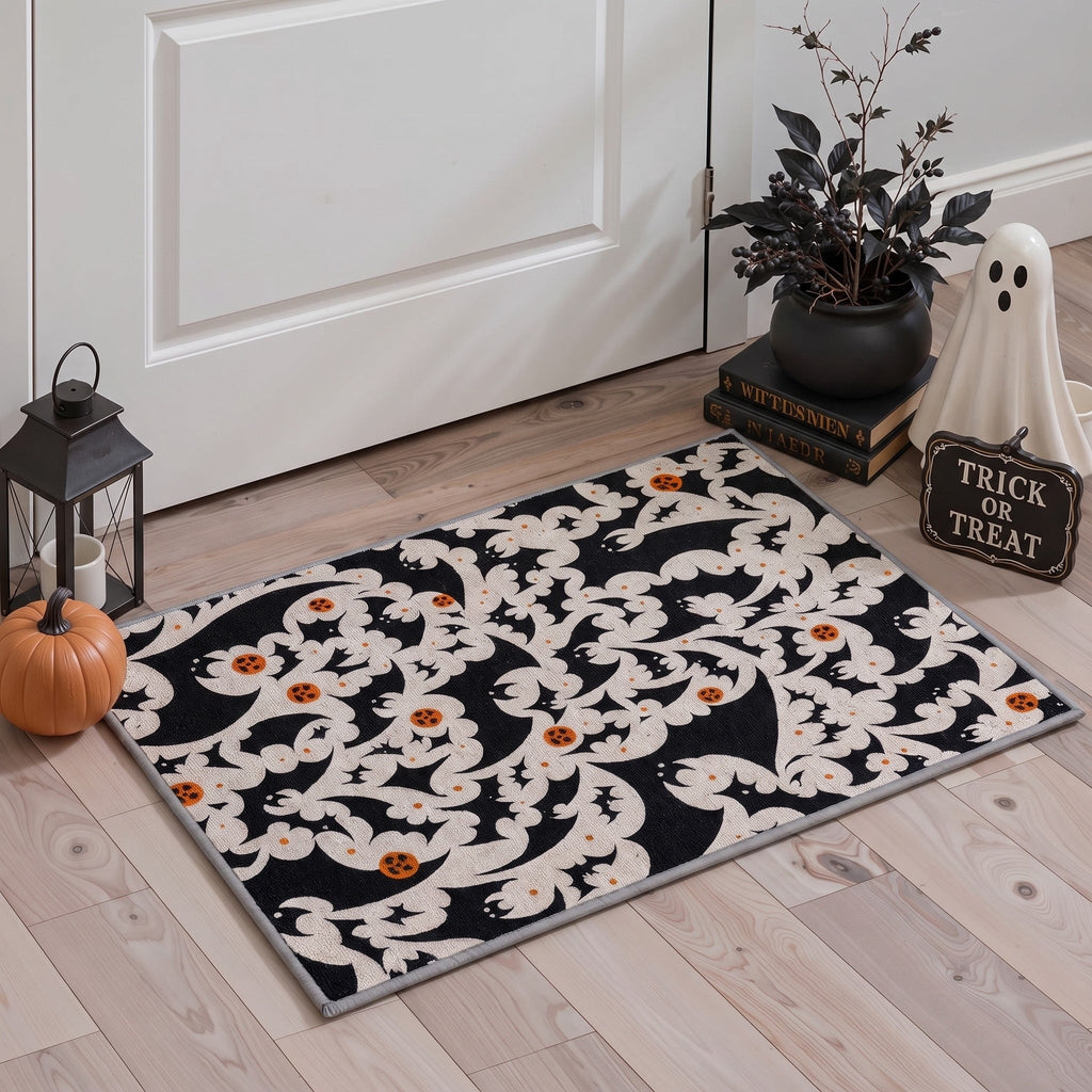 GENIMO 2'x7' Halloween Runner Rug, Washable Non Slip Soft Whimsical Skeleton Indoor Outdoor Hallway Runner for Porch Patio Kitchen Entryway, Charcoal Black