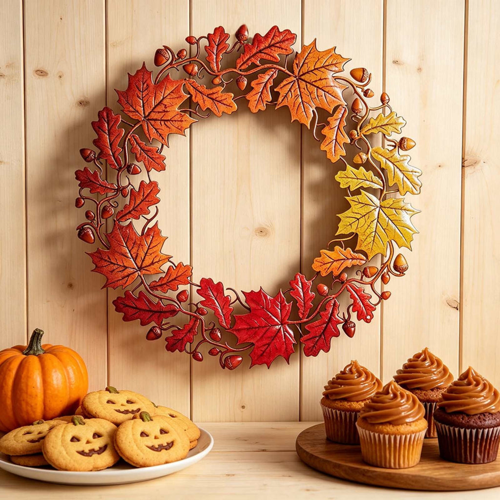 HOARBOEG Handmade Wrought Iron Maple Leaf Wreath, Thanksgiving Rudolph Fall Harvest Door Hanging, Orange Metal Autumn Wreath with Berries, Garden Wall Decor, 15.75 in