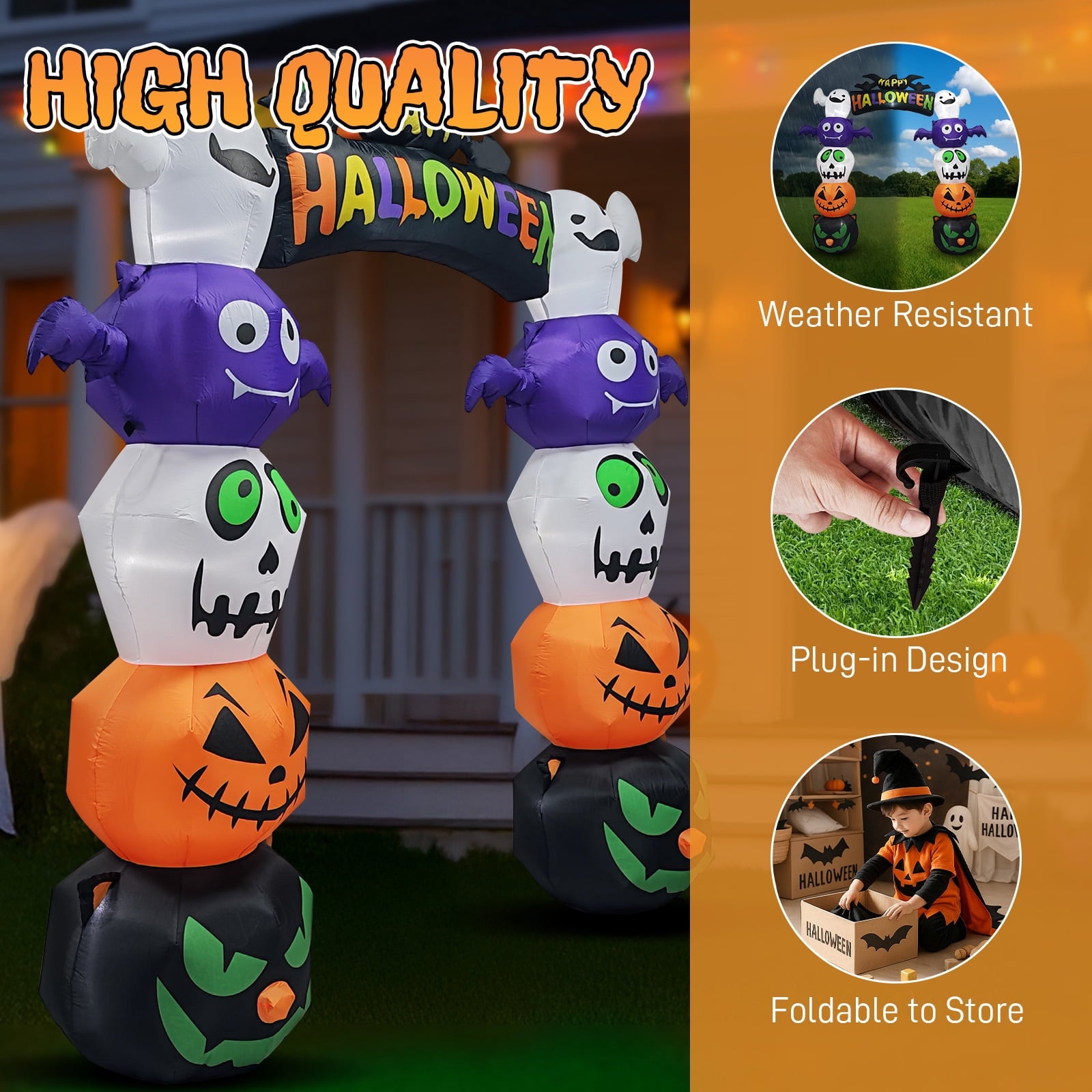 8FT Long Halloween Inflatables Pumpkins Eyeball Candy Outdoor Decorations, Blow Up Yard Decoration with Built-in LEDs Lighted for Lawn Garden Outside Indoor Decor