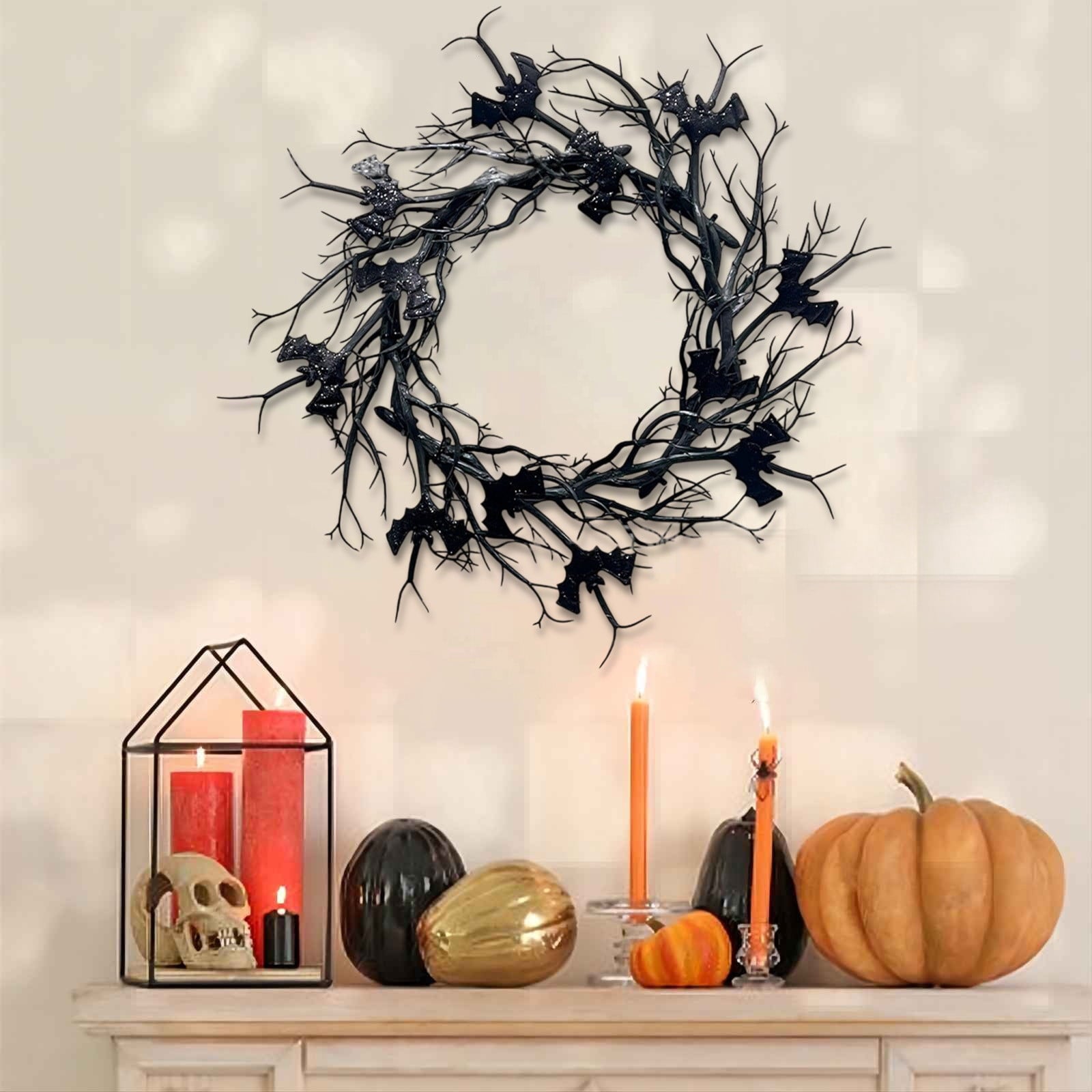 Boovnll Halloween Wreath, 18" Horror & Novelty Handmade Black Twig Glitter Bats Halloween Wreaths for Front Door Fireplace Wall Porch Party Decor, Halloween Decorations
