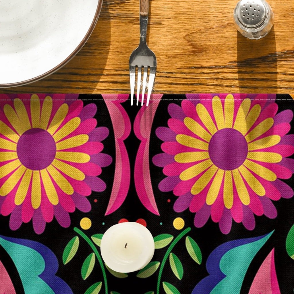 Sm:)e 13"x72" Black Floral Dia De Los Muertos Serape Table Runner, Polyester, Mexican Fiesta Design, Party Kitchen Dining Decoration