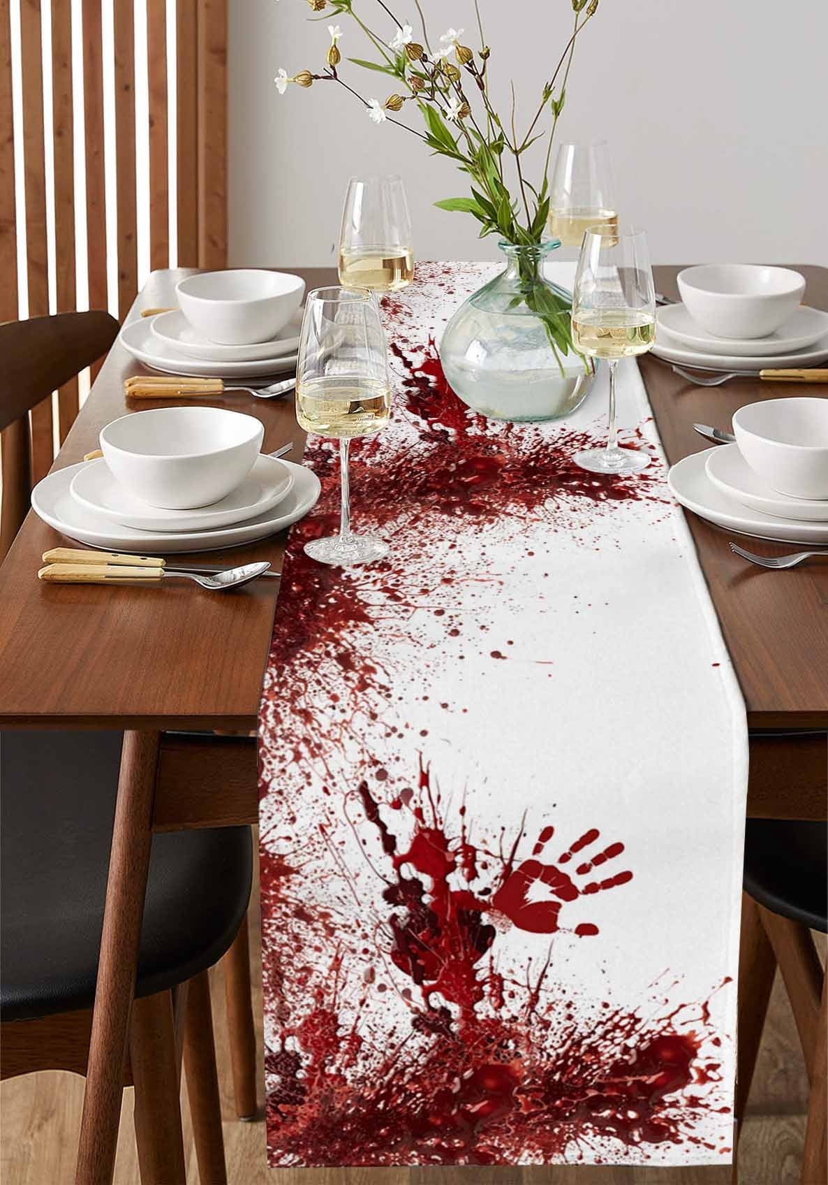 Halloween Red Blood Table Runner 90 Inches, Horror Bloody Handprint Bed Runner Dresser Scarves Tabletop for Indoor Outdoor Parties/Ceremony/Banquet, 13" x 90"