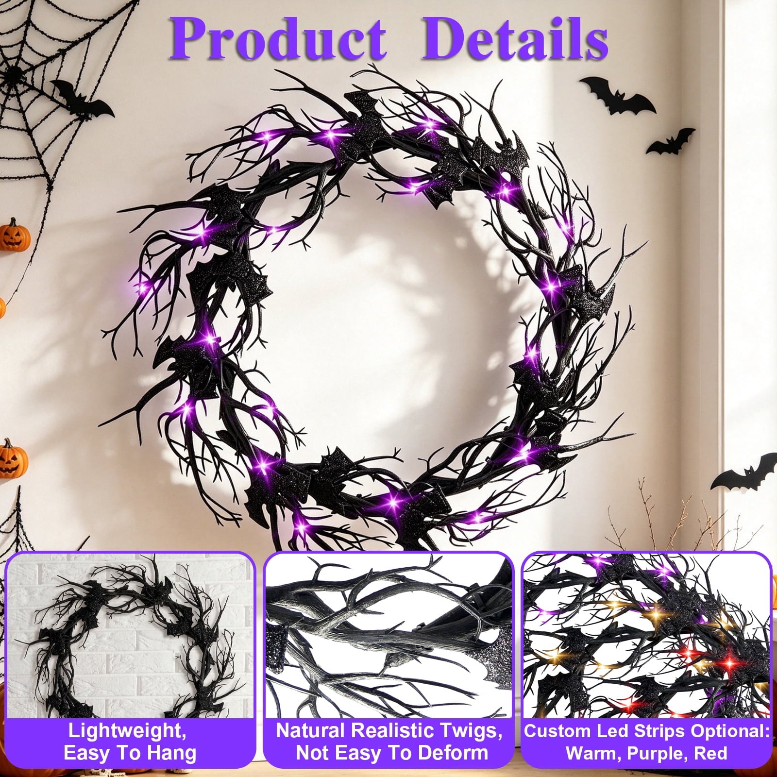 AGCAN Halloween Wreaths for Front Door, 17 Inch Pre-Lit Halloween Wreaths with Bats & Deadwood, Halloween Decorations for Door,Porch,Window,Indoor and Outdoor Decor