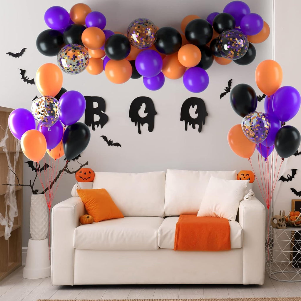 Pack of 35 Black Orange Purple Balloons – 9 Inch Latex & Confetti Balloon Set, Metallic Balloons for Birthday, Halloween, Haunted Theme, Party Decorations