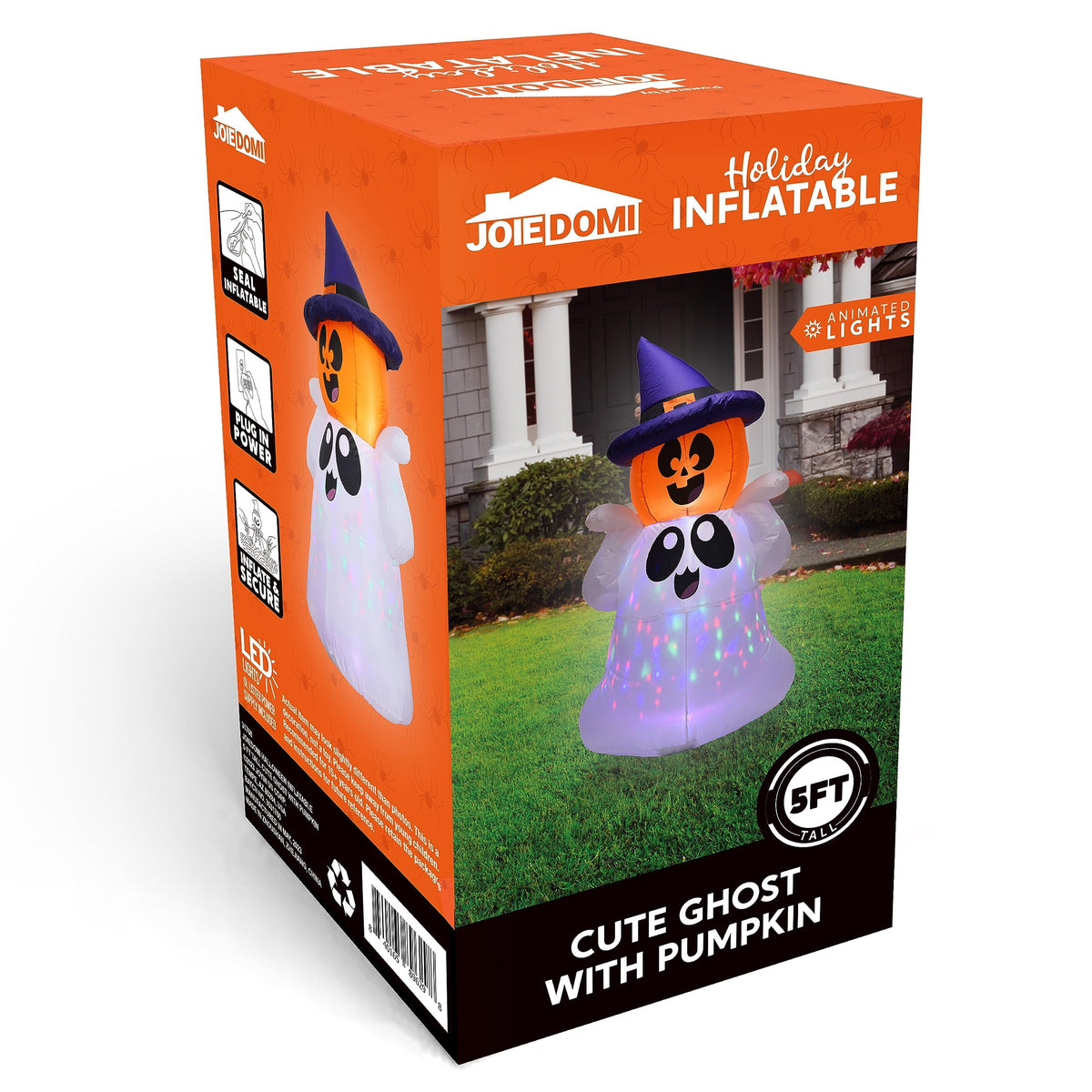 Joyfy 5Ft Halloween Inflatable Pumpkin Ghost with Colorful LED Lights,Halloween Blow Up Cute Decor for Indoor Outdoor Holiday Yard Decoration
