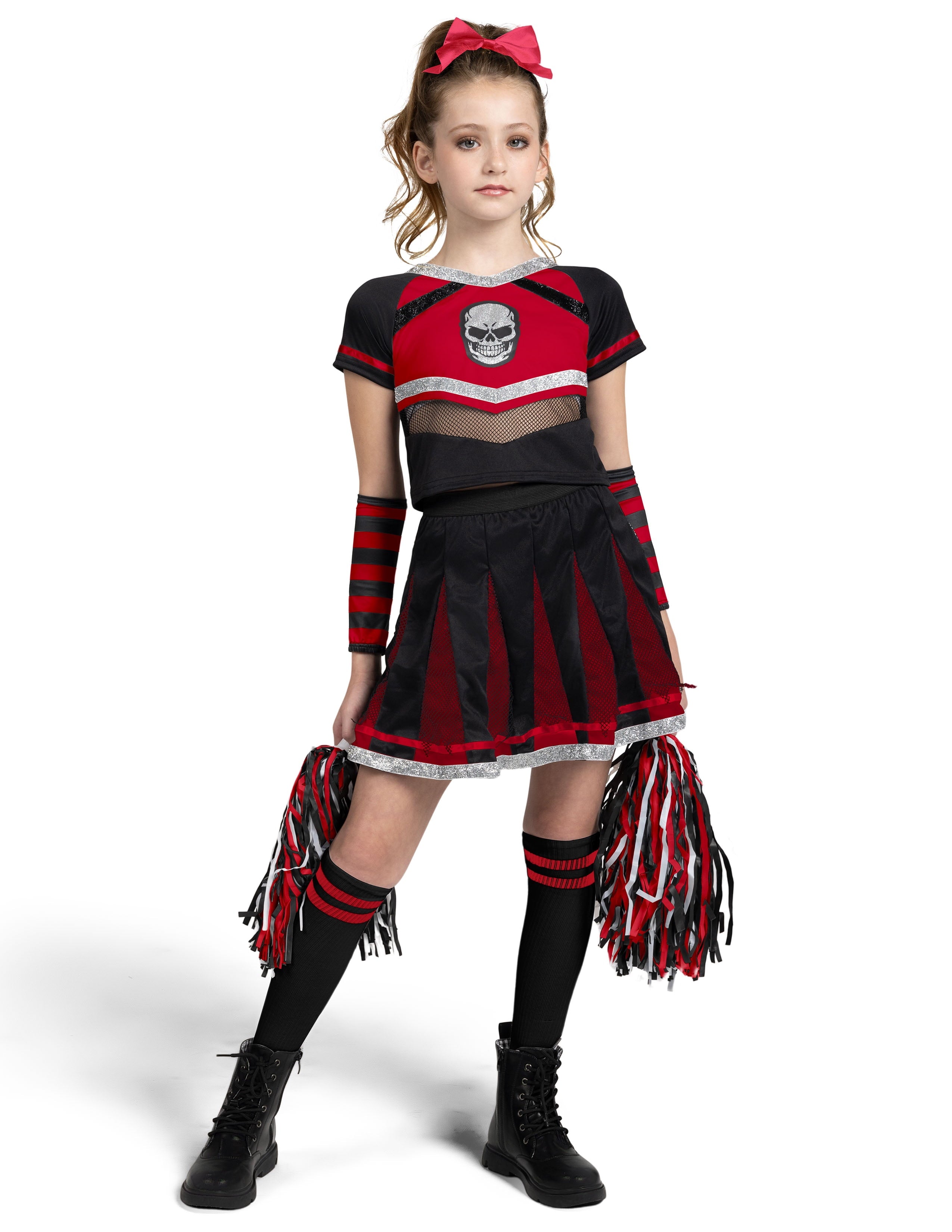 Joyfy Cheerleader Costume for Girls, Bad Spirit Costume for Kids, Skull Scary Outfit with Accessories for Halloween Party Cosplay