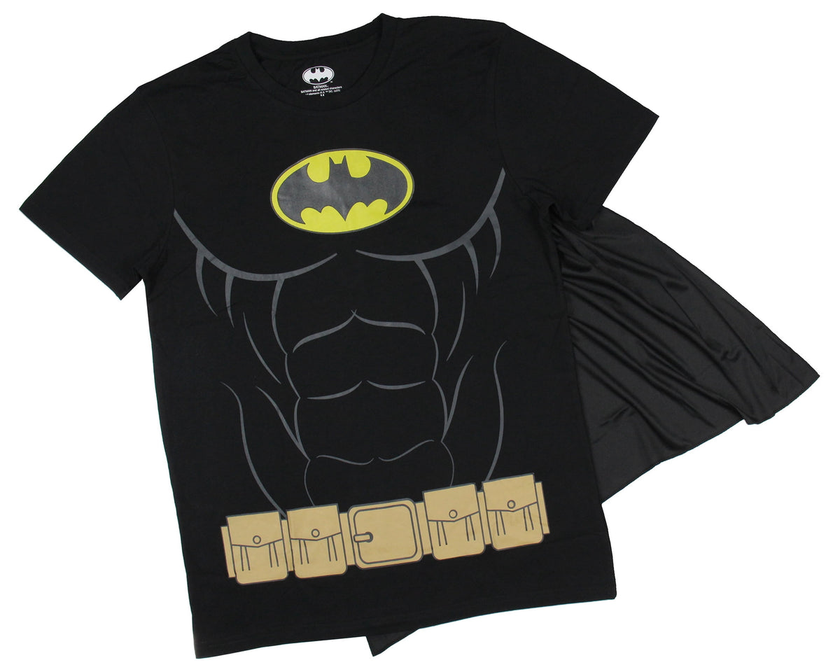 DC Comics Men's Batman Costume Shirt With Detachable Cape Classic Bat Logo Batman Cosplay Tee