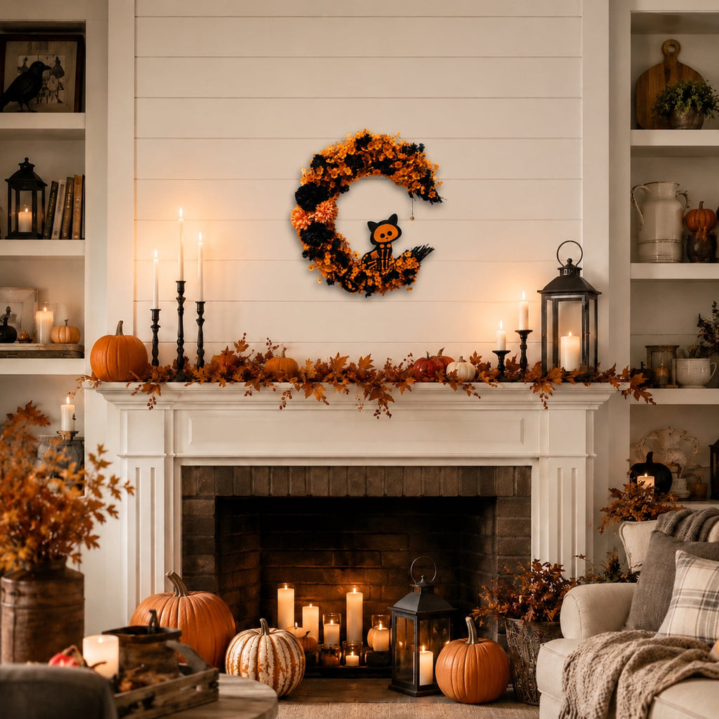 15.7" Artificial Halloween Skeleton Cat Moon Wreath, Orange Black Floral Crescent Decor for Front Door, Porch & Wall, Plastic & Fabric
