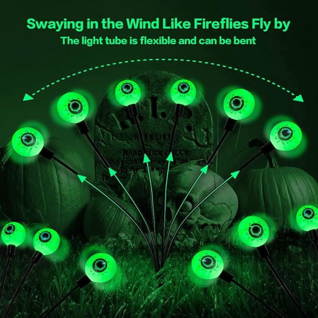 Halloween Decoration Outdoor Solar Horror Eyeball Lights, 2 Pack 12 LED Green Eyeball Swinging Firefly Lights, Waterproof Solar Halloween Street Lights Suitable for Courtyard/Garden/Lawn/Party Decora